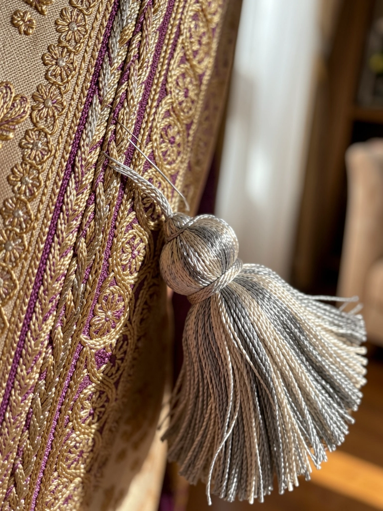 Detalhe de bordado dourado e roxo com agulha fina costurando, franja prateada e bege ao lado, luz natural suave.
