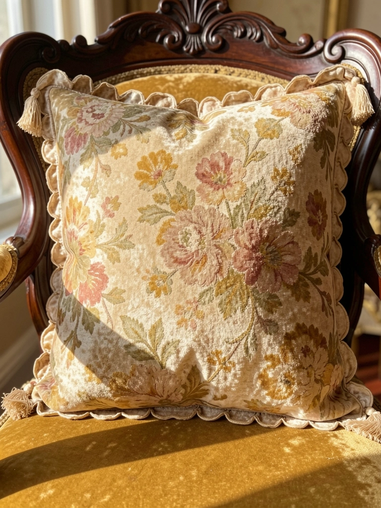 Almofada de veludo quadrada com estampa floral desbotada em bege, ocre e rosa, borda scalloped e franjas, sobre cadeira de mogno esculpida com almofada dourada, luz natural.