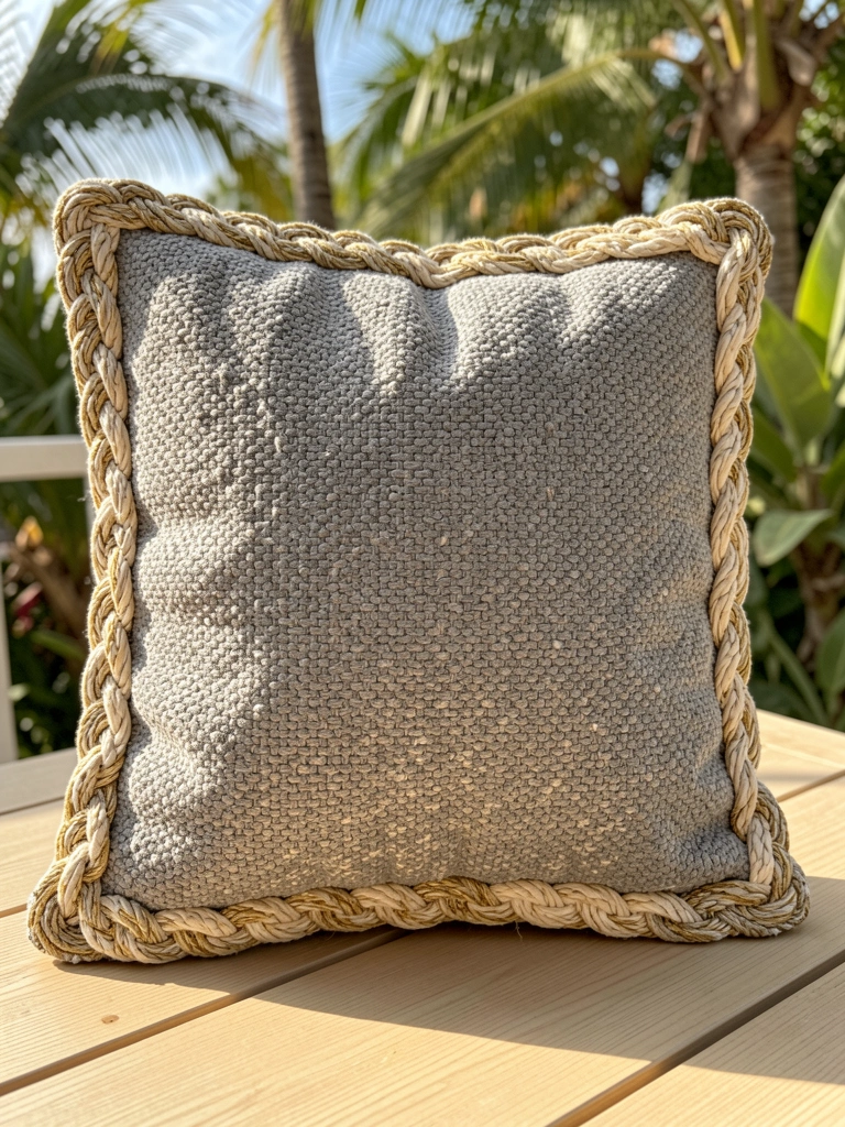 Almofada cinza de tricô grosso com borda trançada em bege e dourado sobre mesa de madeira clara, luz natural tropical.