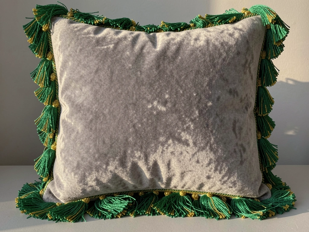 Almofada de veludo cinza com franjas verdes e douradas bordadas, luz natural suave destacando a textura do tecido e o brilho dos detalhes.