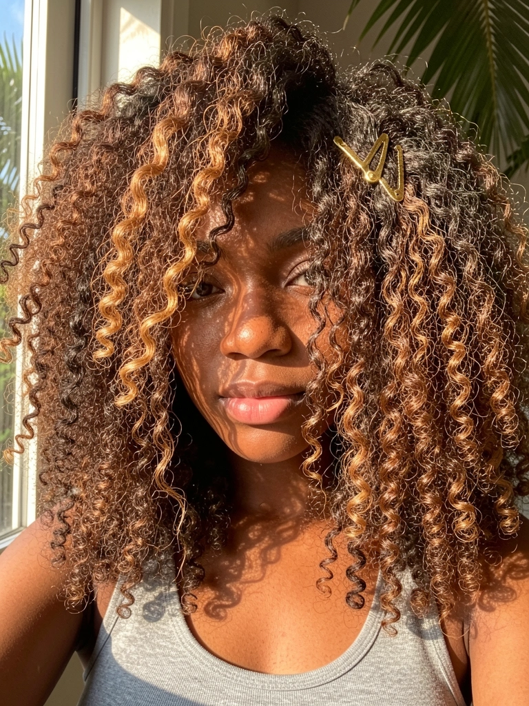 Jovem negra com cabelo afro volumoso, presilhas douradas, camiseta cinza, luz natural suave destacando textura dos cachos.