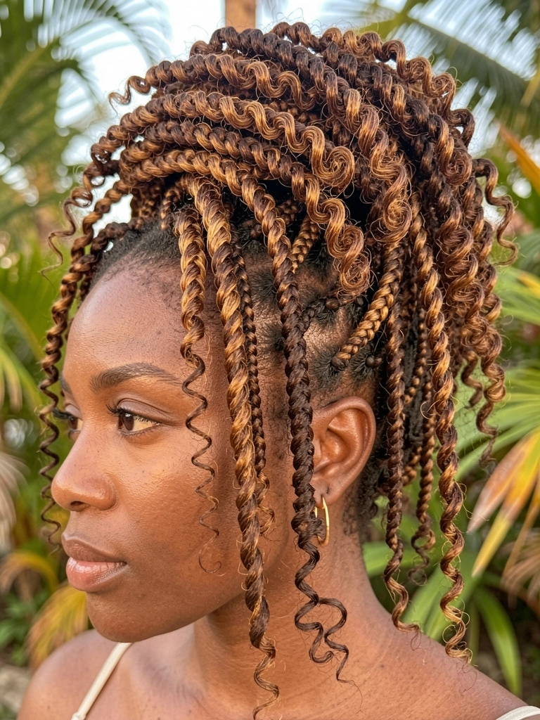 Close-up de mulher negra com penteado de tranças e cachos castanho-escuros com reflexos dourados, brincos de ouro, luz natural suave e folhagem tropical ao fundo.