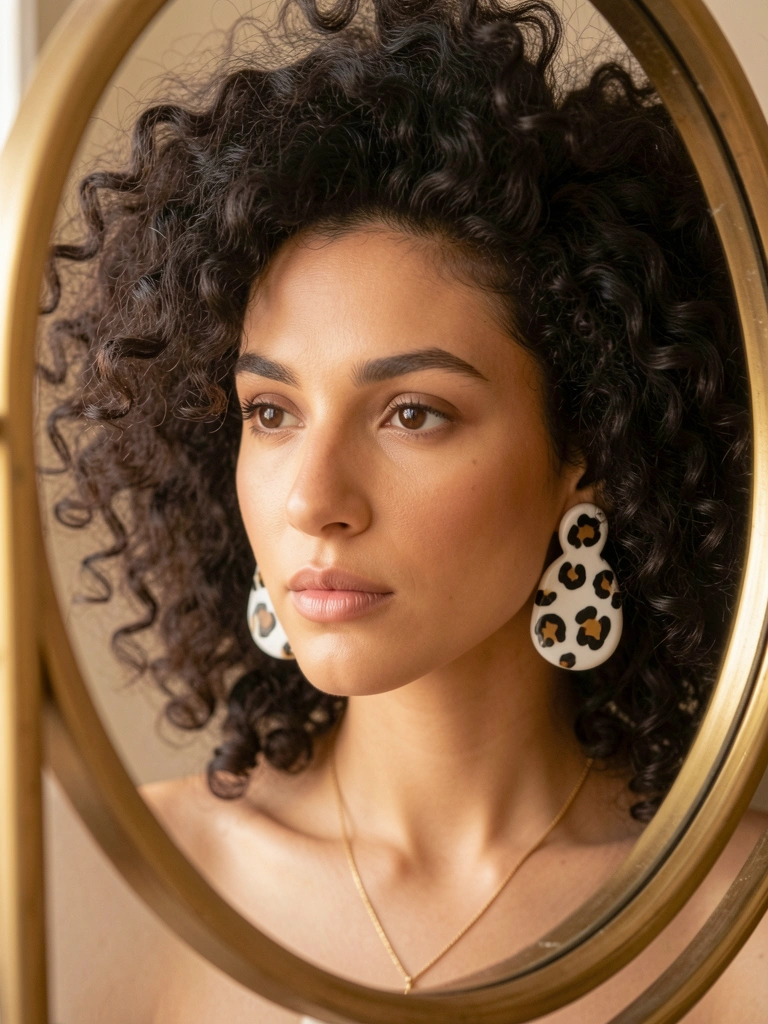 Mulher de cabelo cacheado volumoso refletido em espelho dourado, brincos grandes de cerâmica branca com estampa de leopardo, luz natural suave.