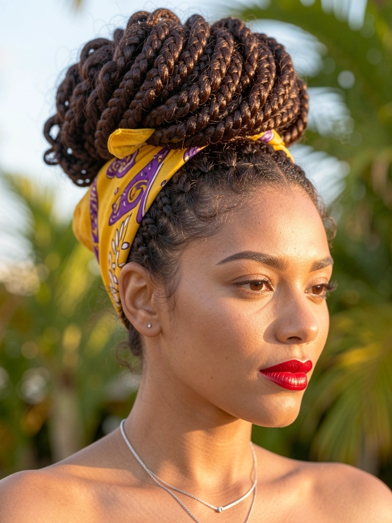Cabelo castanho escuro em coque trançado volumoso com bandana amarela e roxa, brinco prateado e batom vermelho, luz natural suave.