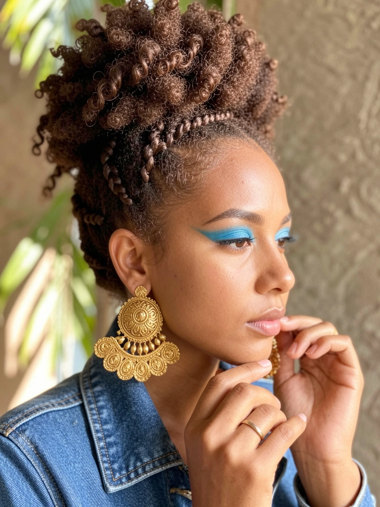 Mulher com cabelo afro trançado em updo, jaqueta jeans e sombra azul, segurando brincos dourados grandes, luz natural filtrada.