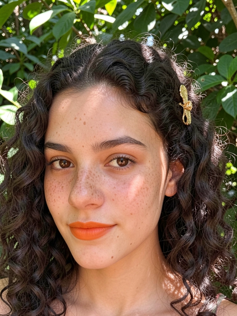 Mulher de cabelo cacheado escuro com acessório dourado, sardas, batom alaranjado, folhagem verde e luz solar salpicada ao fundo.