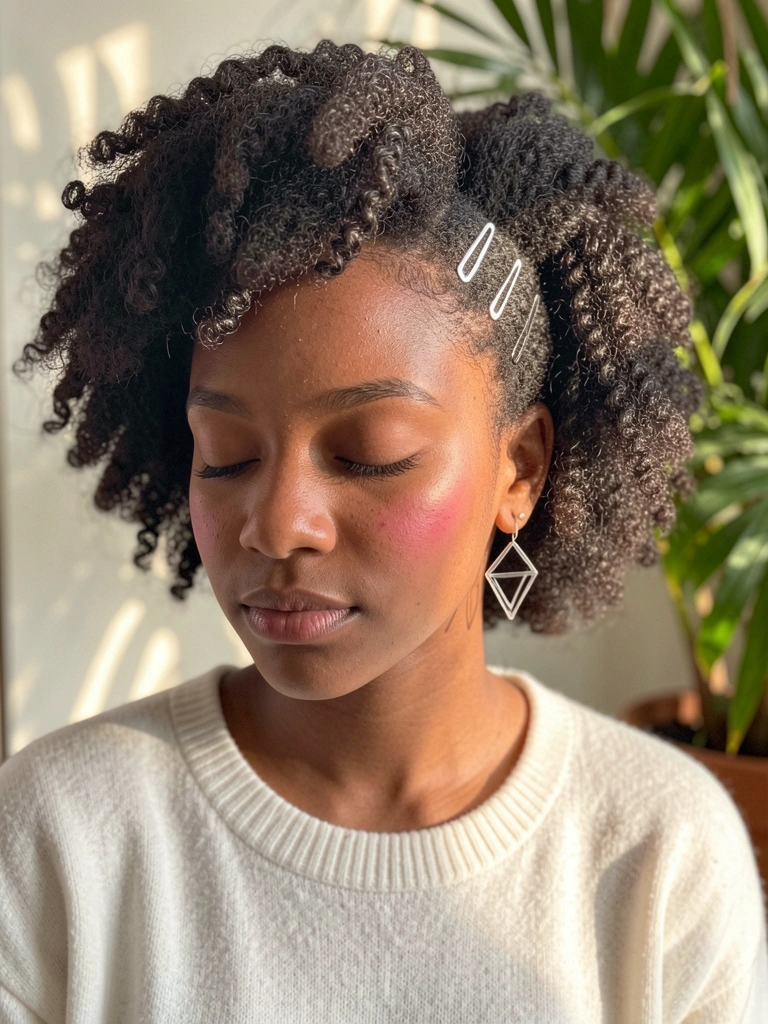 Mulher negra de cabelo afro com grampos prateados e brincos geométricos translúcidos, suéter branco, olhos fechados, luz natural com folhagem desfocada ao fundo.