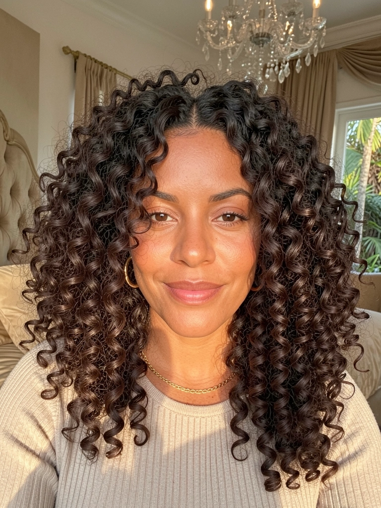Mulher com cabelos cacheados volumosos, blusa de malha bege, colar de ouro e brincos, fundo com cama e lustre desfocados, luz natural.