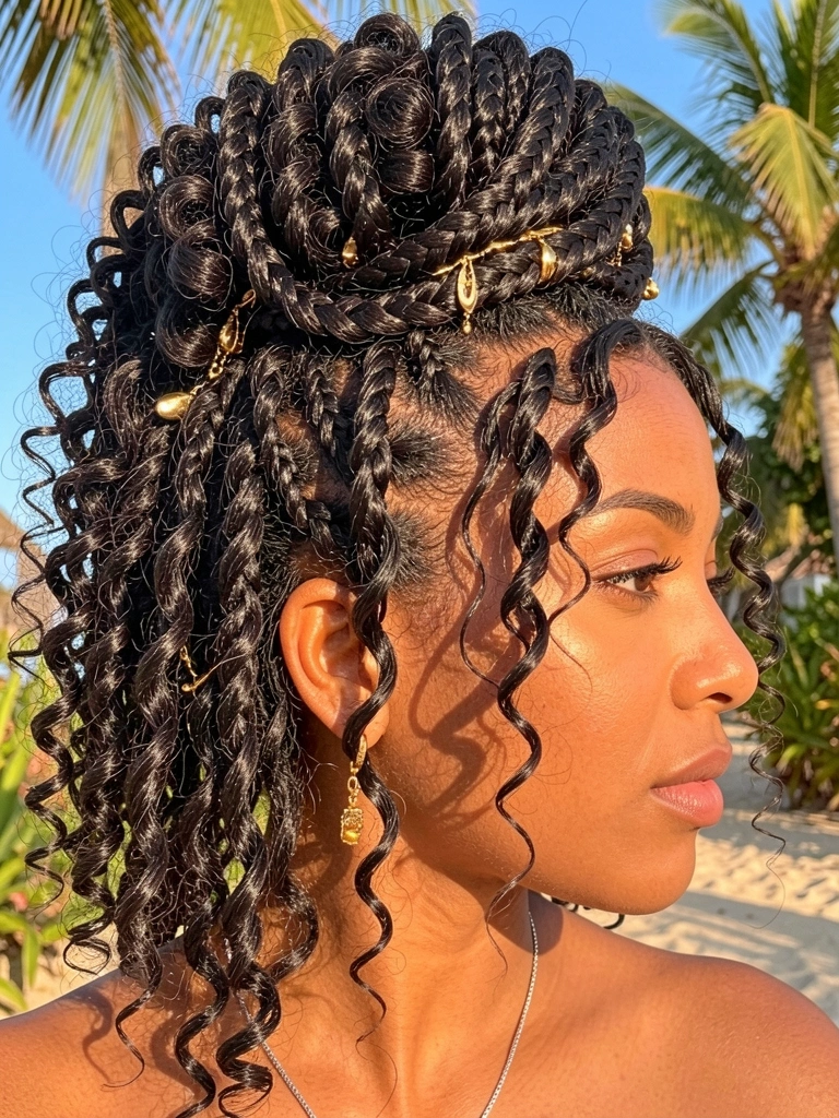 Cabelo cacheado escuro com tranças e torcidos no alto da cabeça, adornado com joias douradas, luz natural quente.