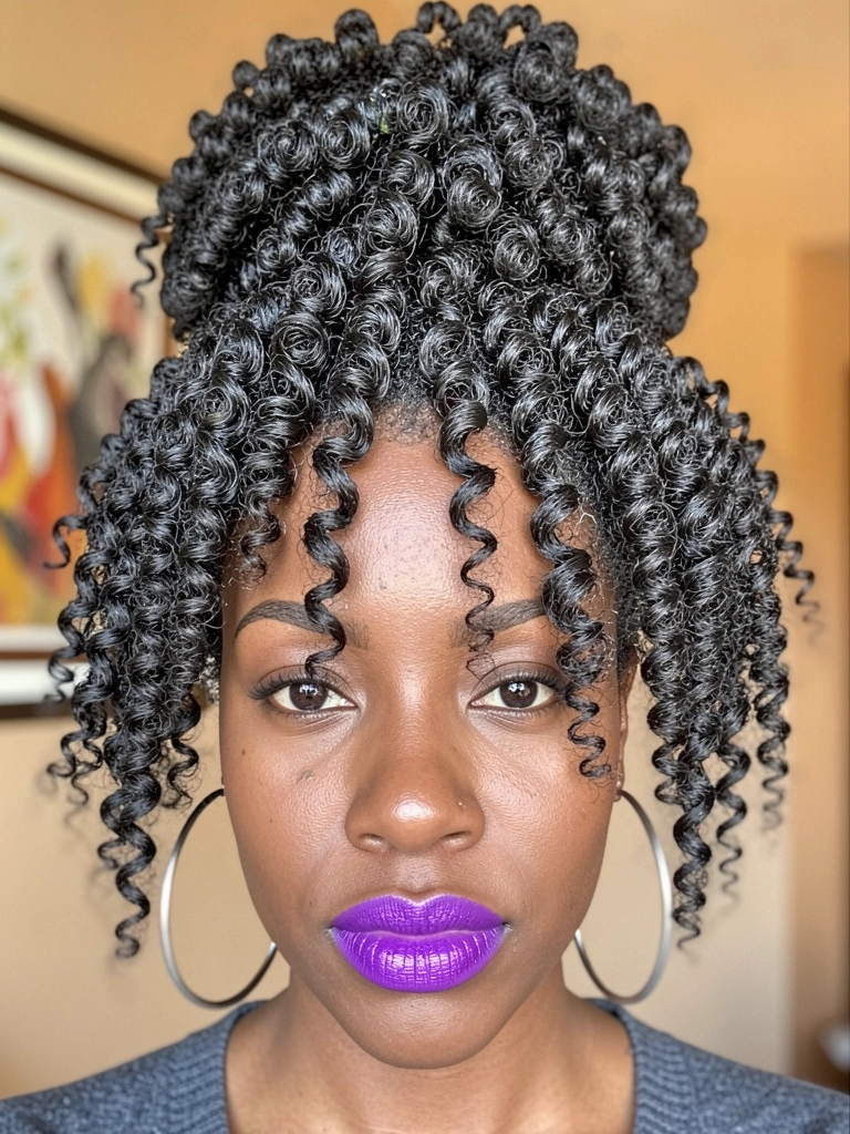 Luz natural difusa destaca a textura do cabelo black power preso em coque alto com cachos emoldurando o rosto, brincos grandes e batom roxo vibrante, fundo desfocado com moldura.