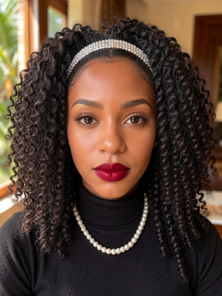 Jovem negra com cabelo crespo volumoso e tiara de strass, colar de pérolas e suéter preto de gola alta, luz natural difusa.