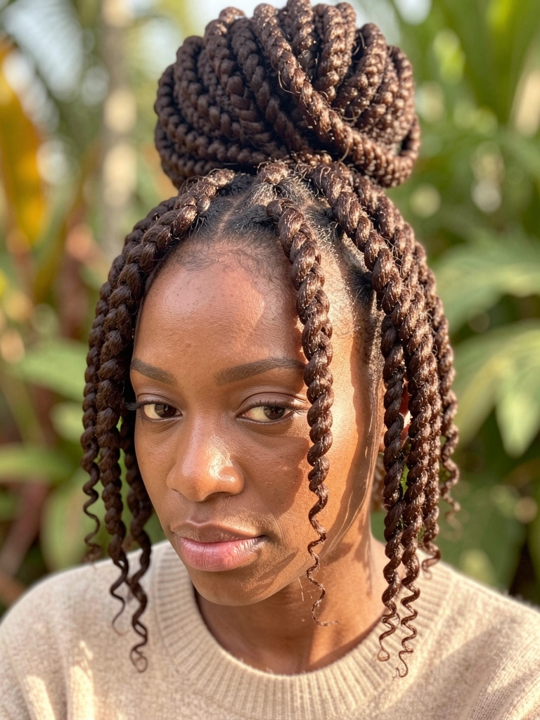 Close-up de mulher negra com Bantu knots volumosos e brilhosos, coque alto, fios soltos no rosto, suéter bege, luz natural difusa e folhagem tropical desfocada ao fundo.