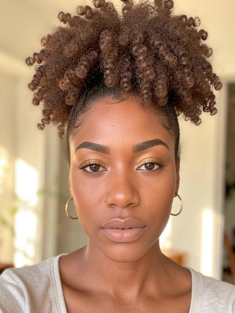 Jovem negra de cabelo crespo alto com argolas douradas, pele morena com glow natural, luz difusa e fundo desfocado.