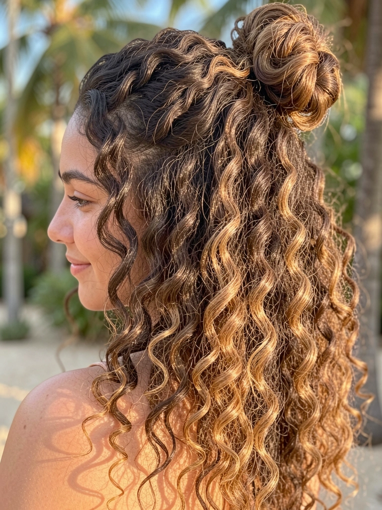 Jovem com cabelo cacheado castanho escuro e dourado em meio coque, ondas definidas, luz natural suave, fundo desfocado com vegetação.