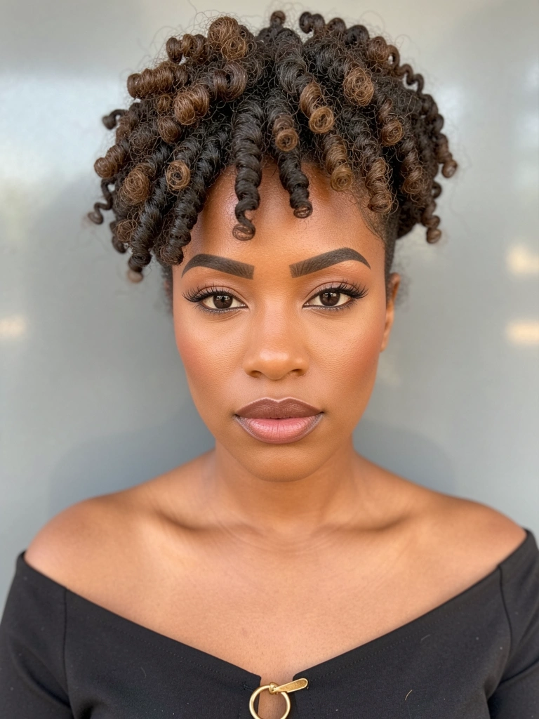 Close-up de mulher negra com cabelo crespo volumoso preso em updo texturizado, pele radiante e maquiagem sutil, blusa preta ombro a ombro com fecho dourado, fundo cinza claro e luz natural difusa.