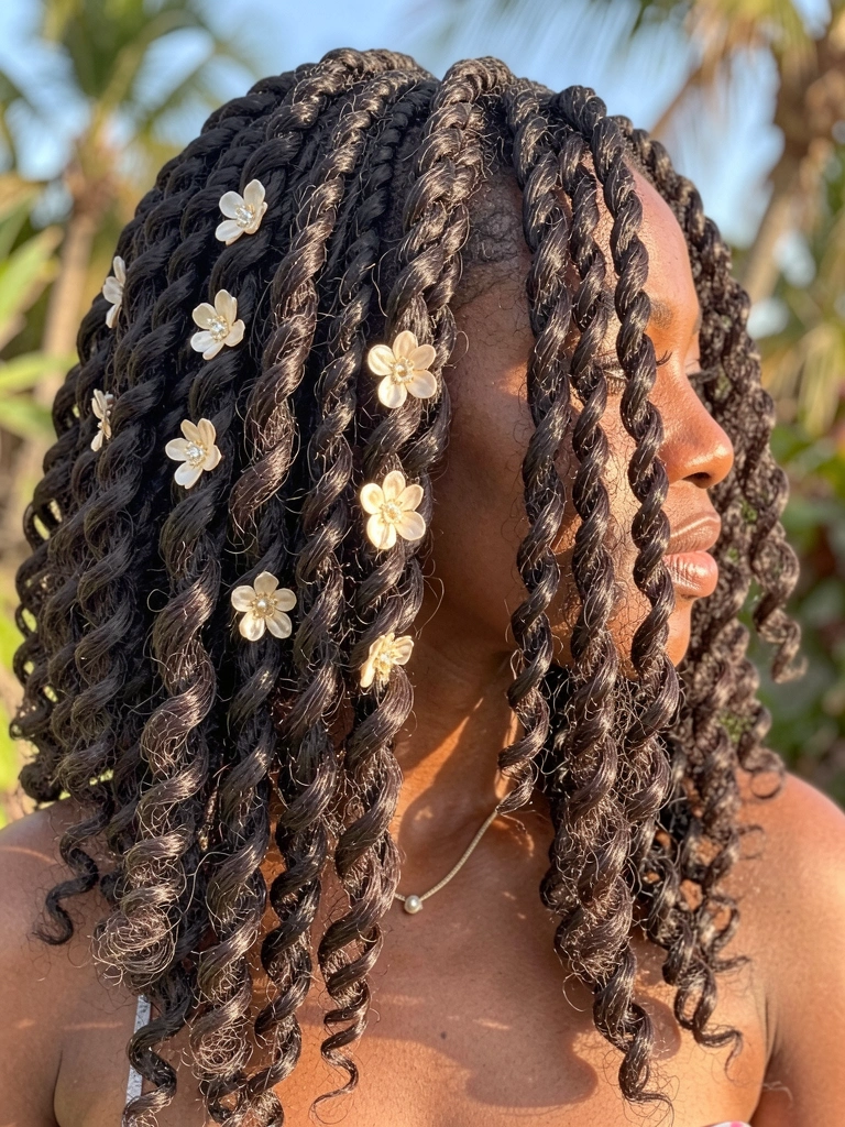 Cabelo crespo cacheado com tranças e acessórios florais, luz natural e folhagens tropicais ao fundo.