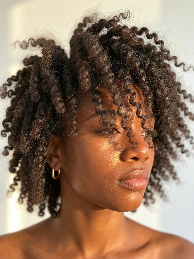 Close-up de uma mulher negra com cabelo afro volumoso e encaracolado, brinco de argola dourado, iluminado por luz natural suave, fundo branco desfocado.