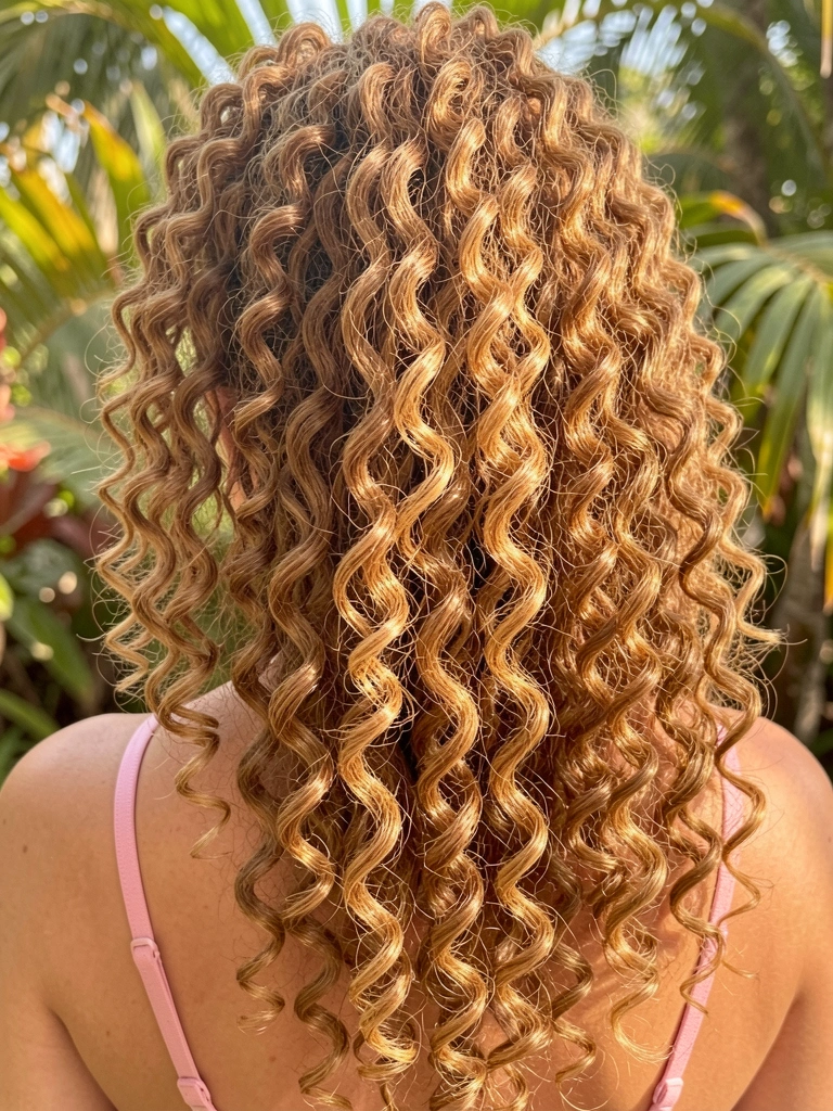 Caracóis castanhos e dourados muito volumosos caem em cascata nas costas de uma mulher, com luz natural suave ao fundo.