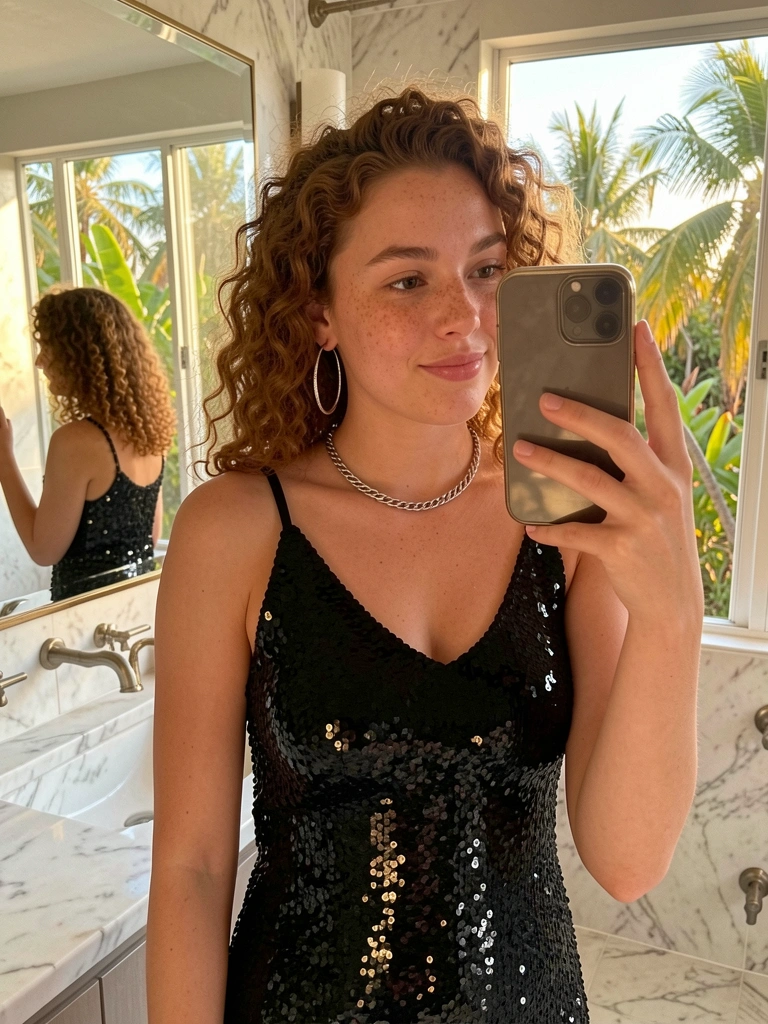Jovem de cabelo cacheado e vestido de paetê preto tira selfie em banheiro com pia de mármore branco e espelho, luz natural.