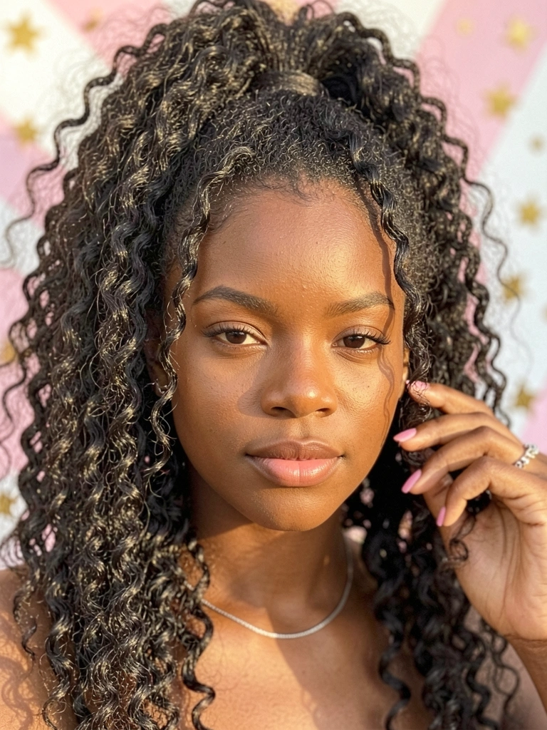 Jovem negra de cabelo crespo preso em rabo de cavalo alto, brilho natural, colar de prata e anel, fundo rosa pastel com estrelas douradas desfocadas.