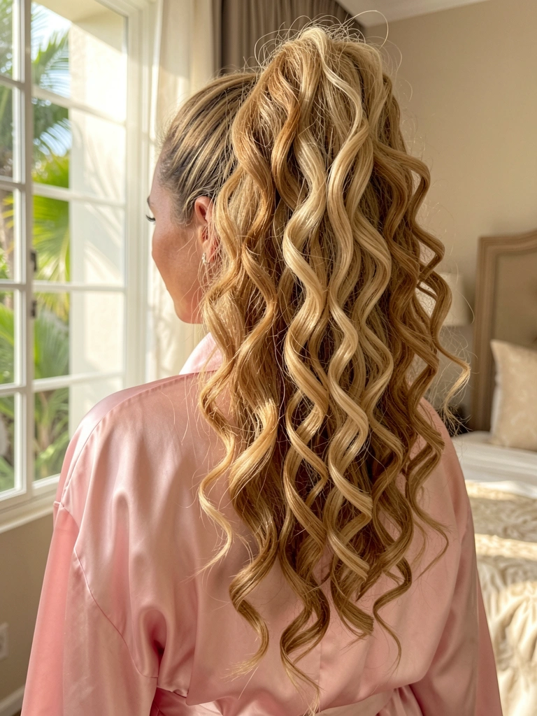 Mulher de cabelo cacheado loiro claro e caramelo em rabo de cavalo alto, roupão de cetim rosa claro sobre os ombros, luz tropical difusa ao fundo.