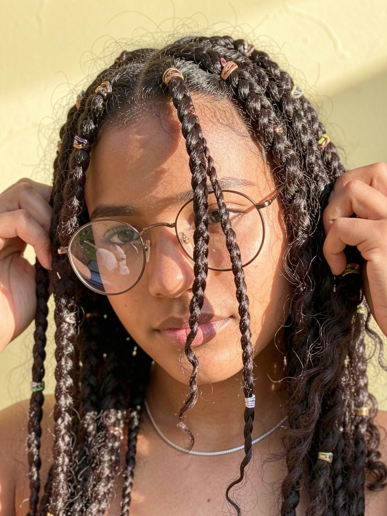 Jovem de cabelos crespos escuros com tranças detalhadas e clipes decorativos, óculos redondos e colar de prata, luz natural suave e parede amarela desfocada.