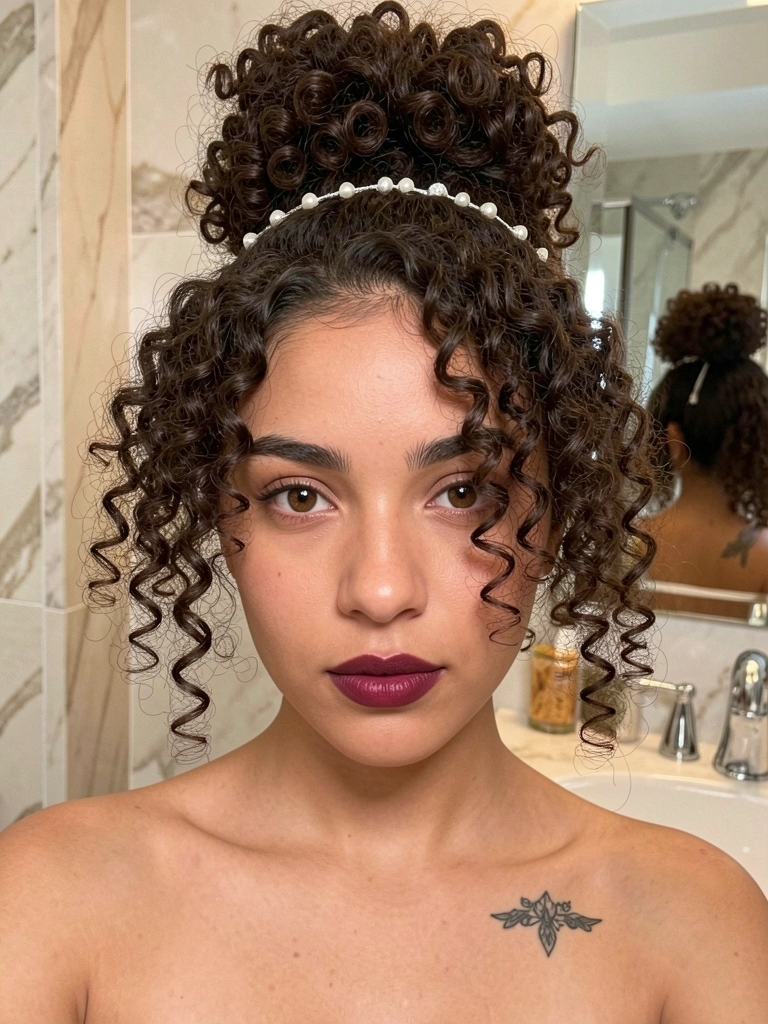Jovem com cabelo crespo preso em coque meio, tiara de pérola e prata, colar delicado, pele iluminada por luz difusa, fundo desfocado com mármore e espelho.