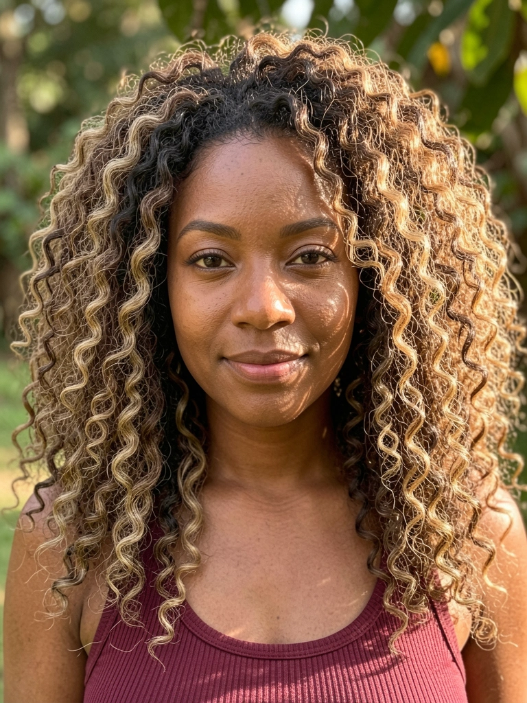 Close-up de mulher negra com cachos volumosos em múltiplos tons, camiseta marrom, luz natural difusa e fundo verde desfocado.