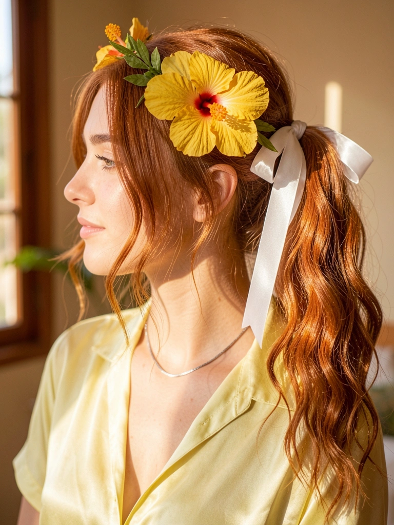 Jovem de cabelo ruivo ondulado com coroa de flores e hibisco amarelo, laço de cetim branco no rabo de cavalo, luz natural entrando por janela.