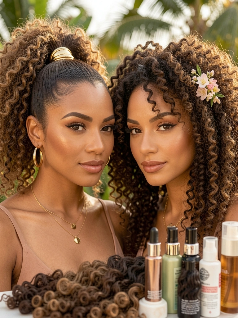Luz natural suave destaca cabelos cacheados volumosos: um preso com acessório dourado, outro solto com flores; produtos capilares ao lado.
