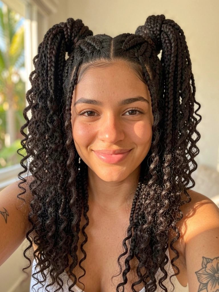 Jovem com cabelo cacheado volumoso em tranças e coques altos, sorriso genuíno, luz natural suave, tatuagem floral no braço.