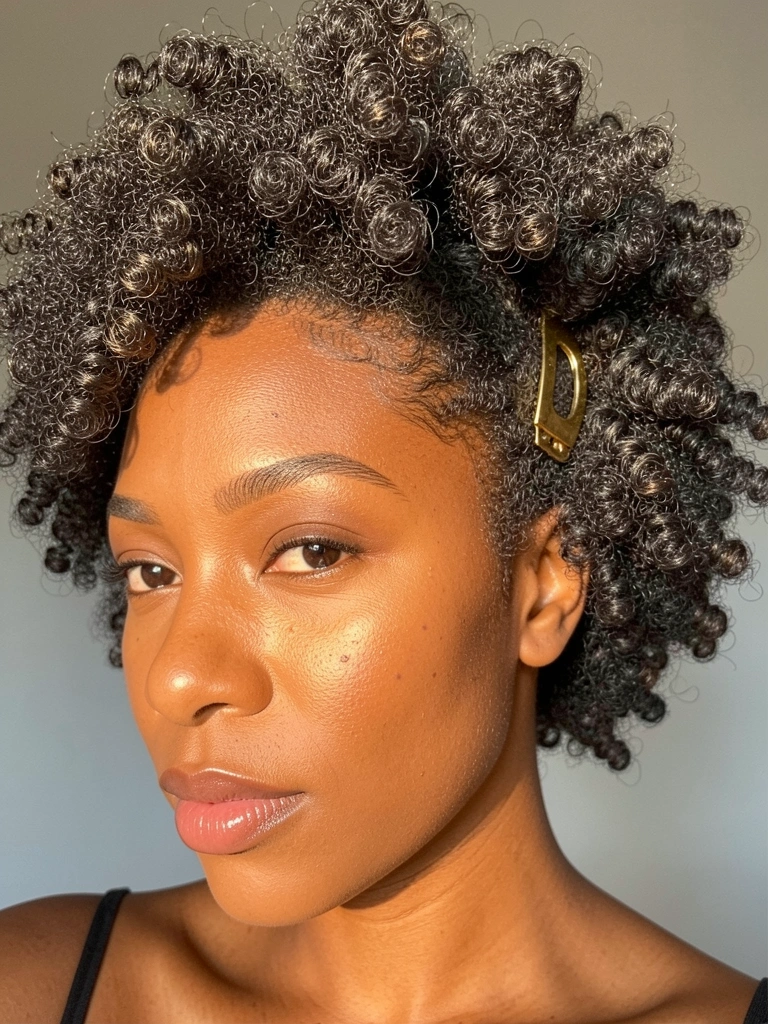 Afro volumoso com clipe dourado, pele negra radiante, luz natural suave, fundo cinza neutro.