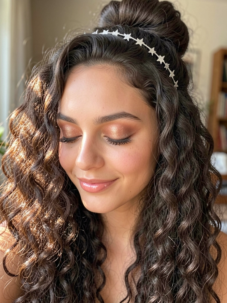 Jovem de cabelos cacheados escuros e meio coque, usa tiara de prata com estrelas brilhantes, pele com glow, luz natural e fundo desfocado.