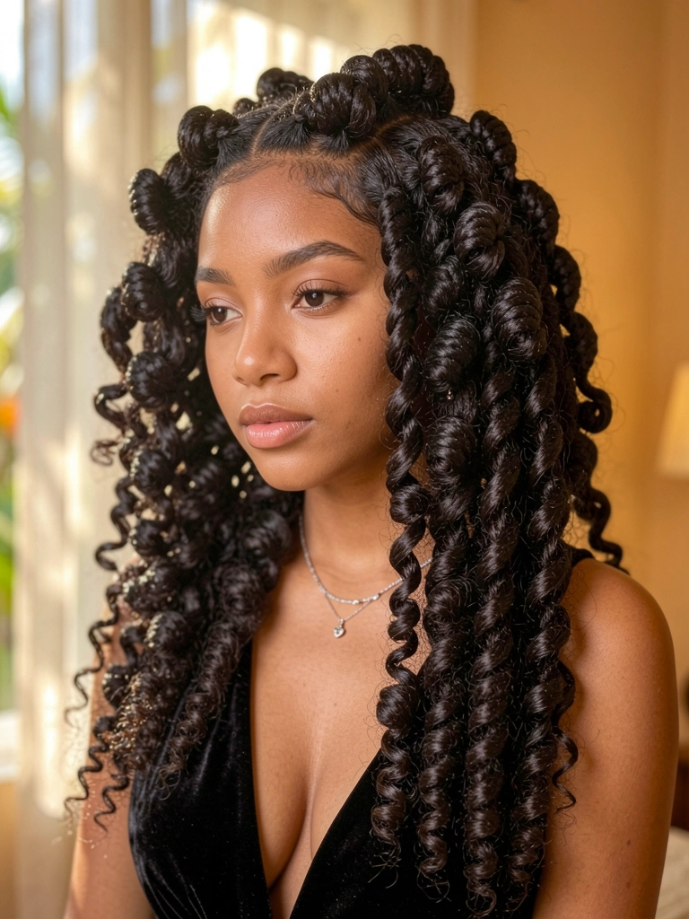 Jovem com cabelo cacheado em bantu knots brilhantes, vestido preto de veludo com decote profundo, luz tropical filtrada por cortinas ao fundo.