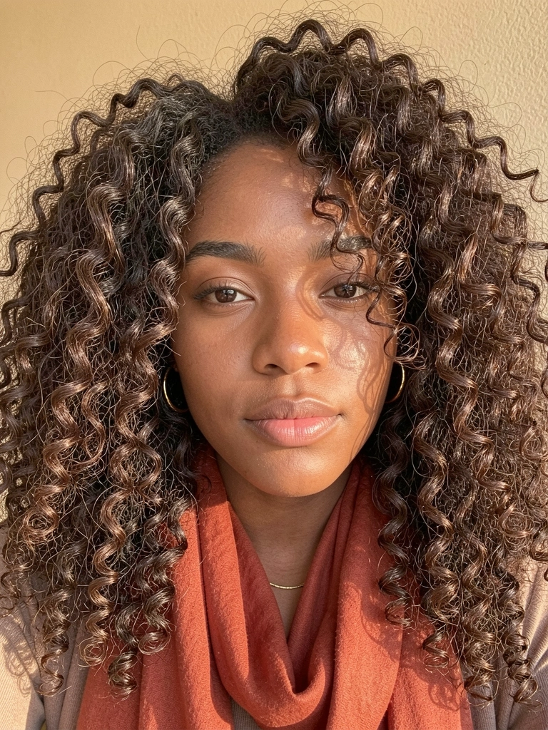Jovem negra com cachos afro volumosos e definidos, brincos de argola dourados e lenço terracota, luz natural suave sobre fundo bege texturizado.