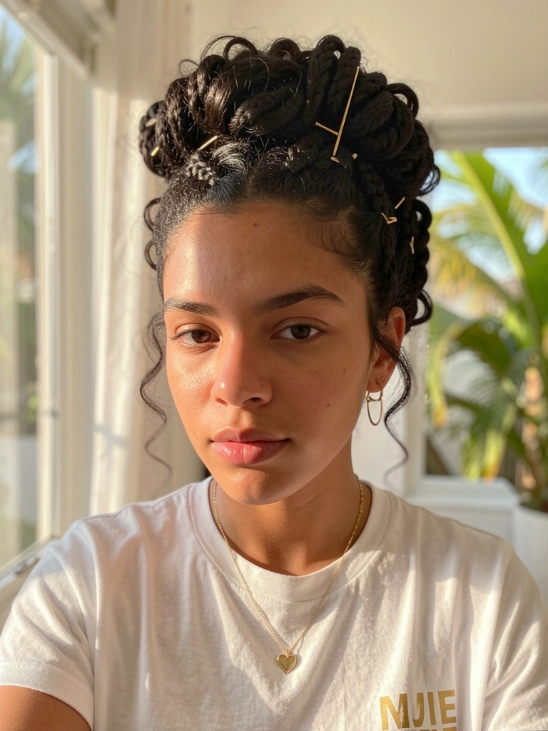 Mulher de cabelo cacheado escuro preso em coque trançado com brincos e colar de ouro, camiseta branca, luz natural suave.
