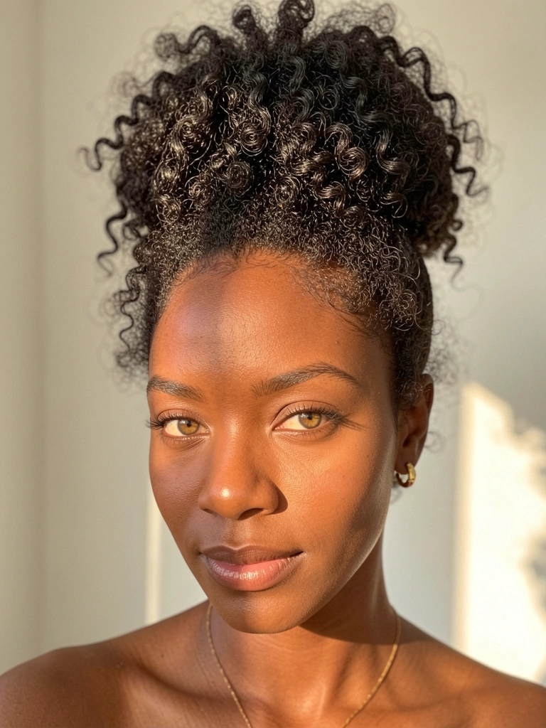 Retrato de mulher negra com cabelo crespo volumoso preso em coque abacaxi, brincos de ouro, colar sutil, luz natural suave e fundo desfocado claro.