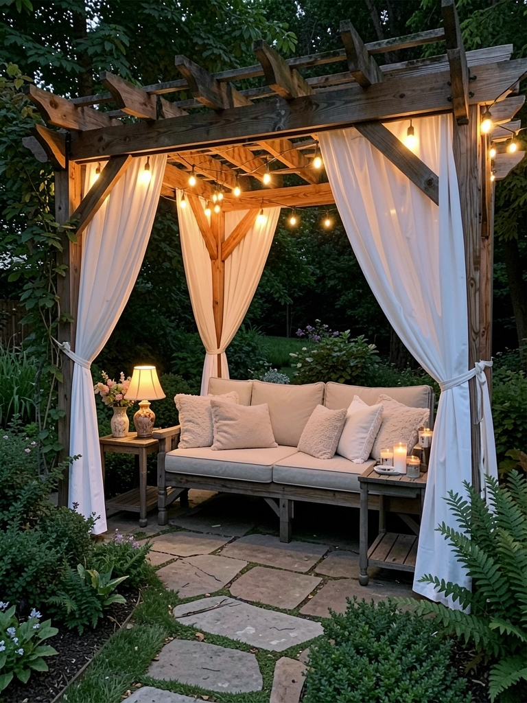 Pérgola rústica de madeira com luzes quentes e cortinas brancas, sofá ao ar livre com almofadas, mesa com lampião e vaso de flores.
