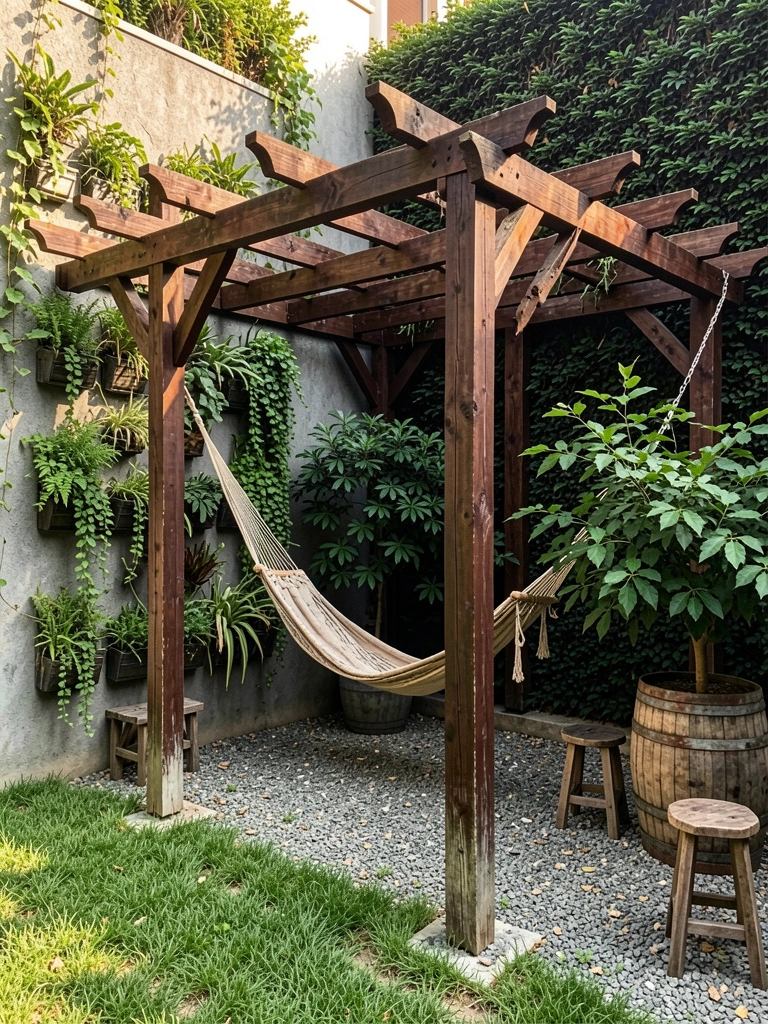 Pérgola rústica de madeira escura com rede e jardim vertical em parede de concreto, luz natural e grama no pátio.