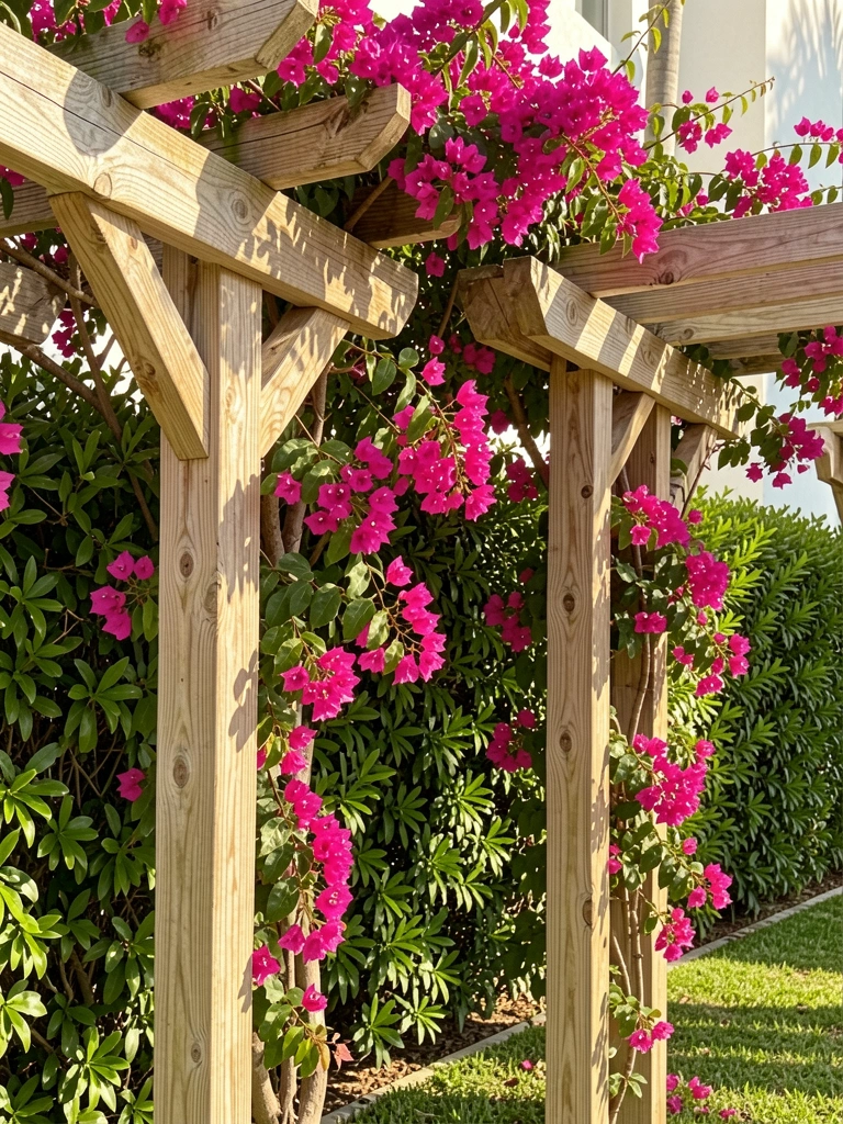 Pérgola de madeira clara com textura e nós aparentes, contrastando com trepadeira de buganvília rosa vibrante e folhagem densa ao fundo, sob luz solar filtrada.