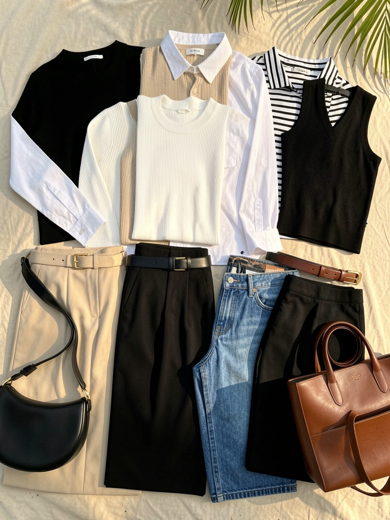 Blusas caneladas bege, preta e branca com camisa listrada e colete preto sobre calças de alfaiataria, jeans e saia lápis; cintos, bolsas e luz natural.