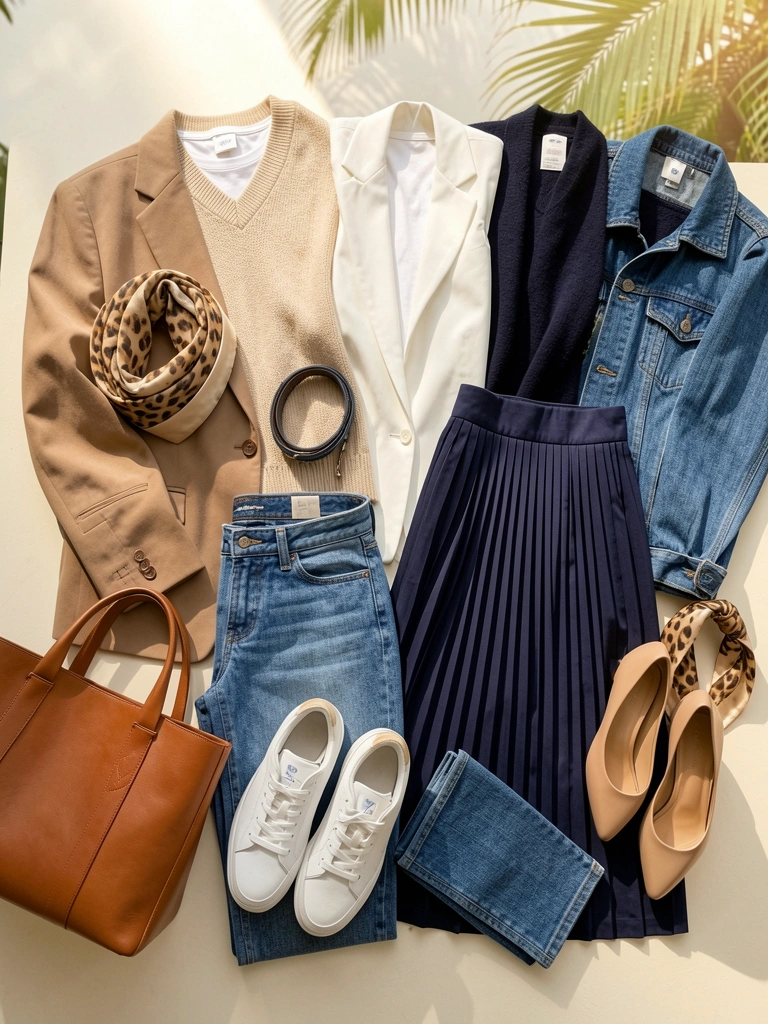 Camiseta branca, colete bege e blazer marrom claro sobre superfície clara, com luz natural destacando texturas.