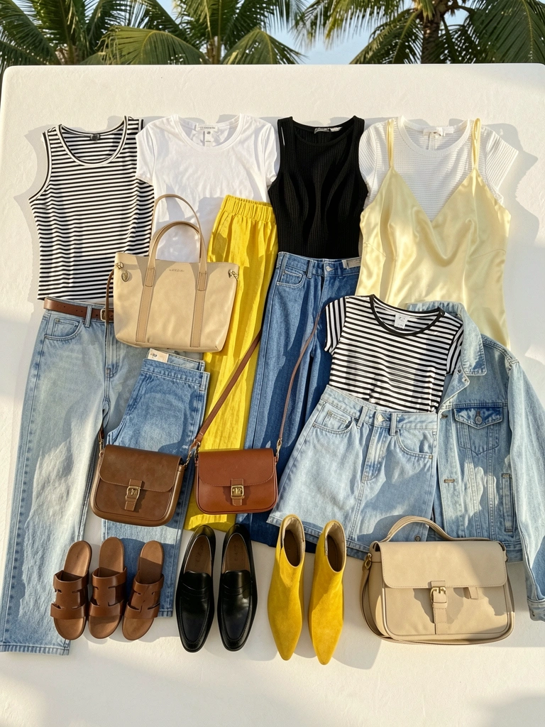 Camisa listrada, jeans azul claro com cinto marrom e bolsa de couro bege em superfície branca sob luz natural.
