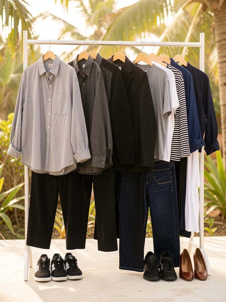 Guarda-roupa cápsula com camisa cinza claro, blazer preto e tênis New Balance, luz natural e fundo arejado.