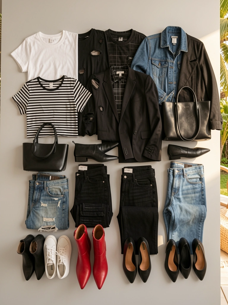 Vinte peças de roupa em tons neutros empilhadas sobre fundo cinza claro, com jaqueta jeans, bolsa de couro preta e tênis branco sob luz natural.