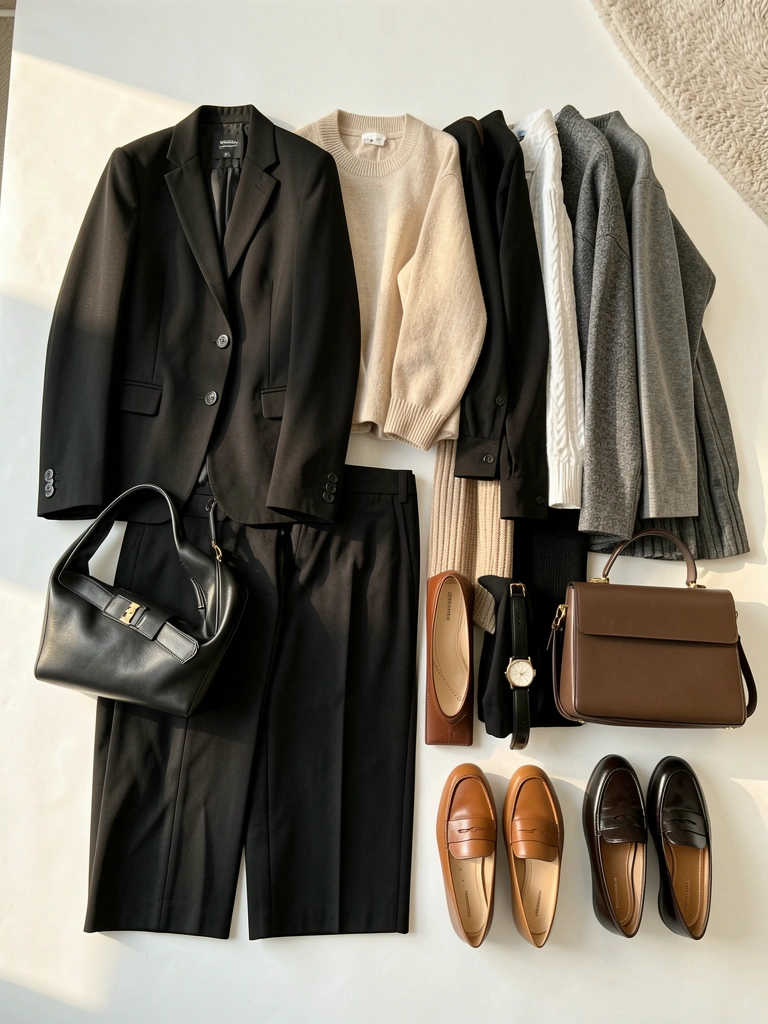 Blazers pretos, calças de alfaiataria e bolsas neutras dispostos sobre fundo branco, com luz natural destacando texturas.
