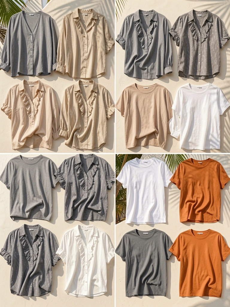 Blusas femininas em tons de cinza, bege e laranja claro dispostas em grade, com luz natural destacando texturas e cortes variados.