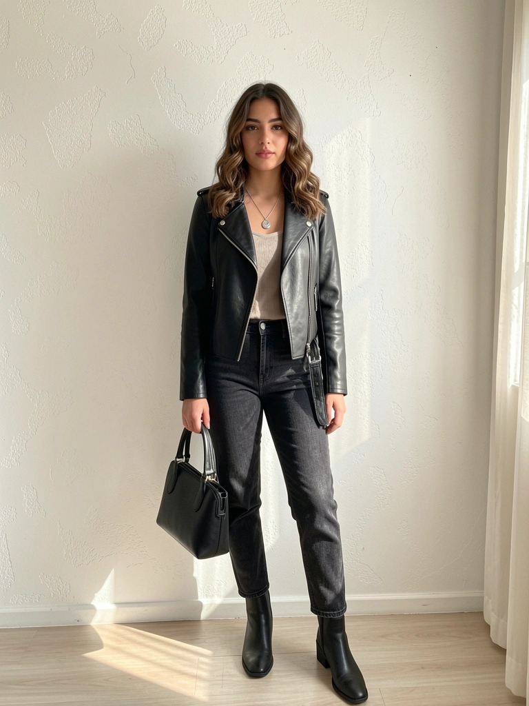 Luz natural incide sobre jovem de jaqueta de couro preta e calça jeans escura, segurando bolsa preta, parede texturizada branca ao fundo.