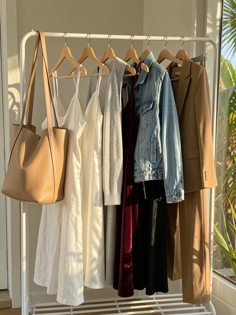 Bolsas de couro bege e vestido de veludo bordô pendurados em cabides de madeira em um varal de metal branco, com luz natural suave.