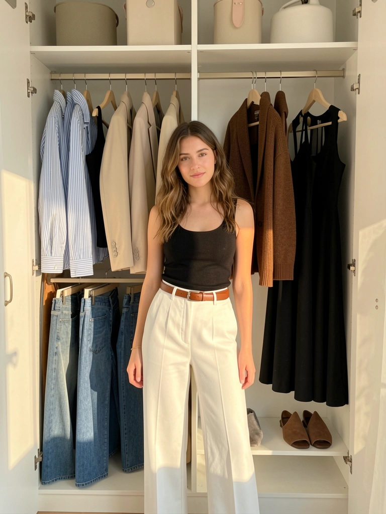 Jovem em black top e calça branca com cinto marrom em closet claro com roupas neutras, listradas e azuis, luz solar natural.